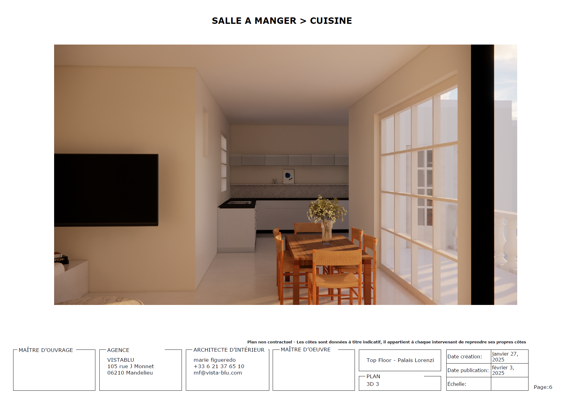 Vue 3D de la salle à manger donnant sur la cuisine – rénovation Maréchal Juin VistaBlu