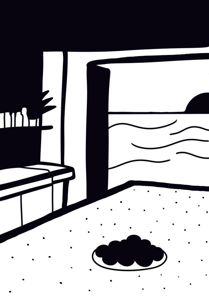 Illustration minimaliste en noir et blanc d’un intérieur azuréen, utilisée sur le site VistaBlu Architecture & Immobilier