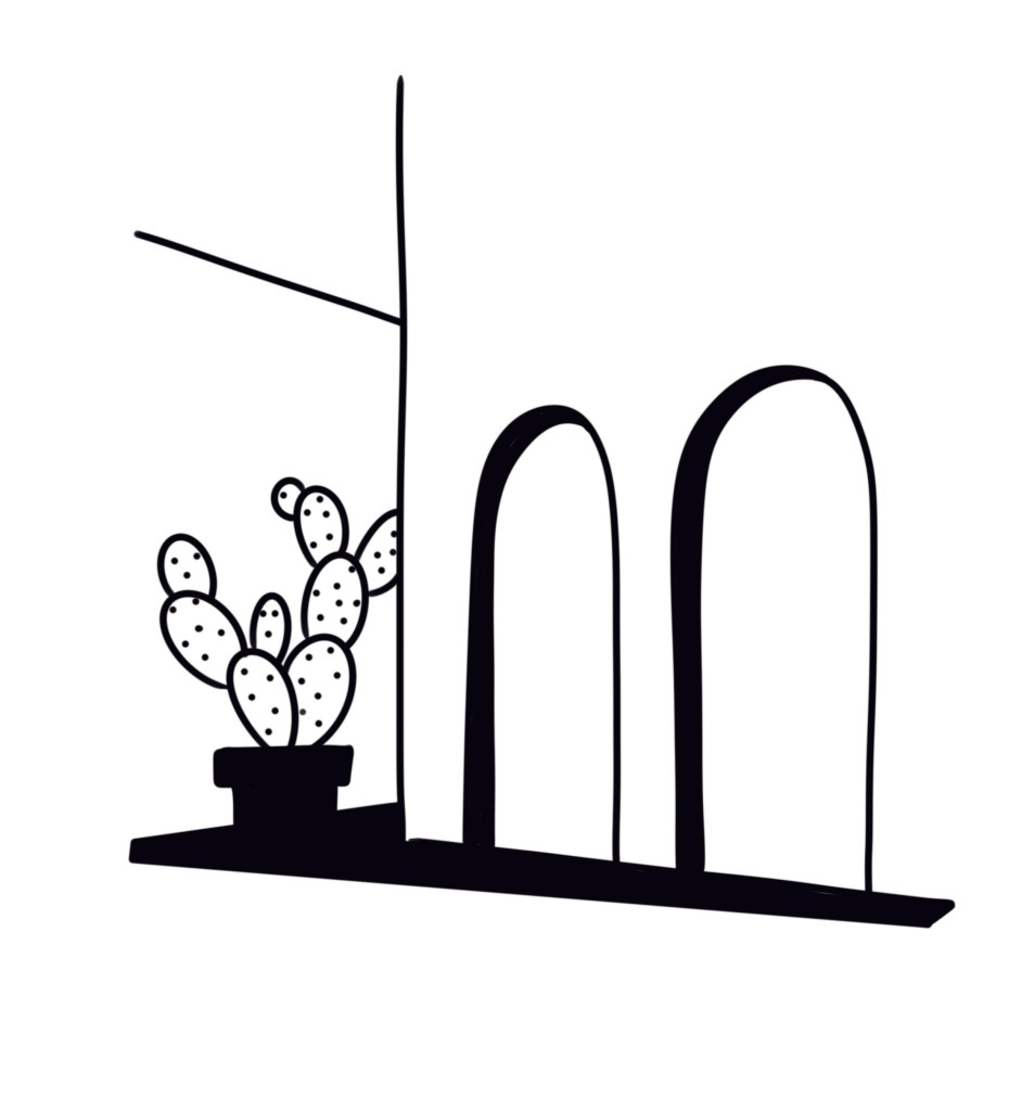 Illustration minimaliste d’un intérieur ouvert sur la mer Méditerranée, Côte d’Azur