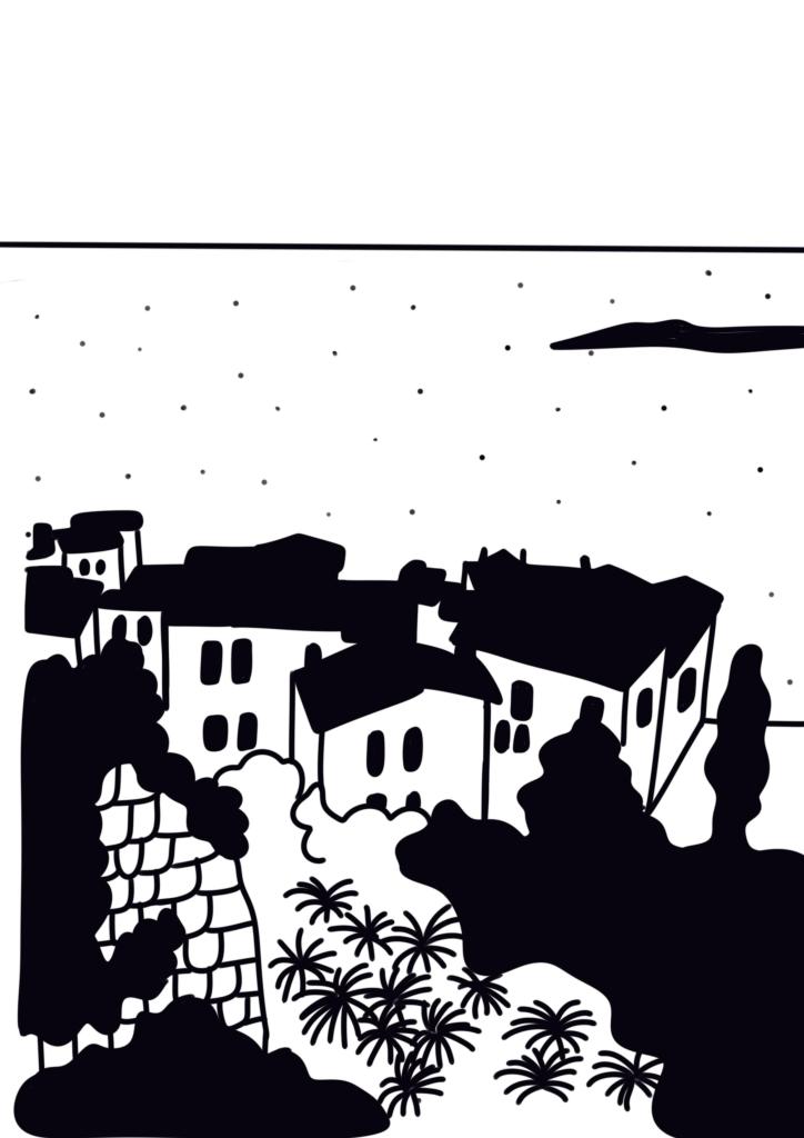 Illustration minimaliste d’un village méditerranéen comme Èze, perché au-dessus de la mer sur la Côte d’Azur