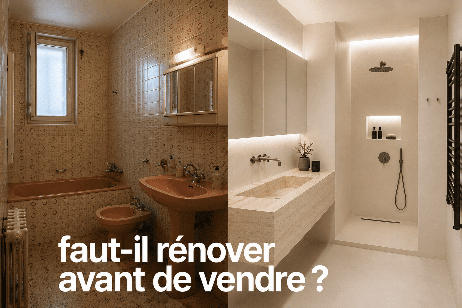 Faut-il rénover son appartement avant de vendre ? Comparaison avant après d’une salle de bain ancienne rénovée dans un appartement.